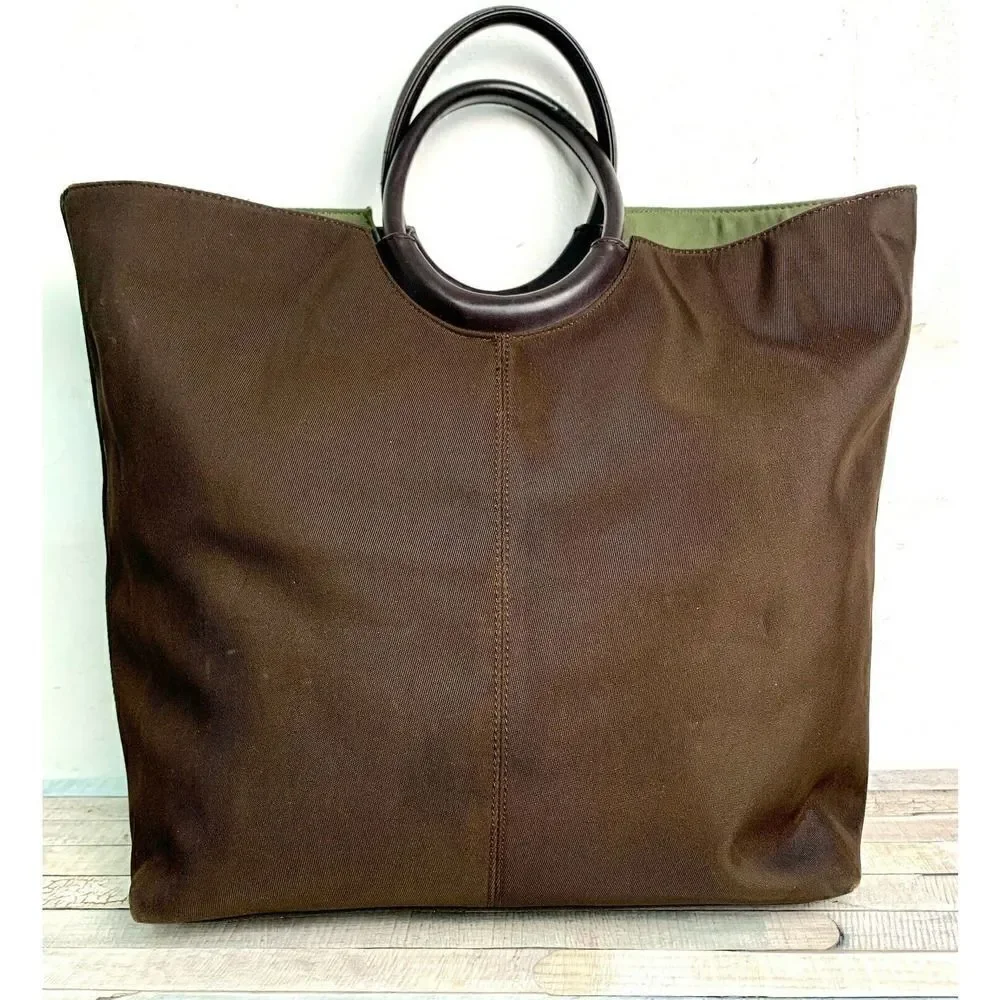 LARGE Charter Club BROWN NYLON CANVAS GENUINE LEATHER HANDLES TOTE HANDBAG PURSE